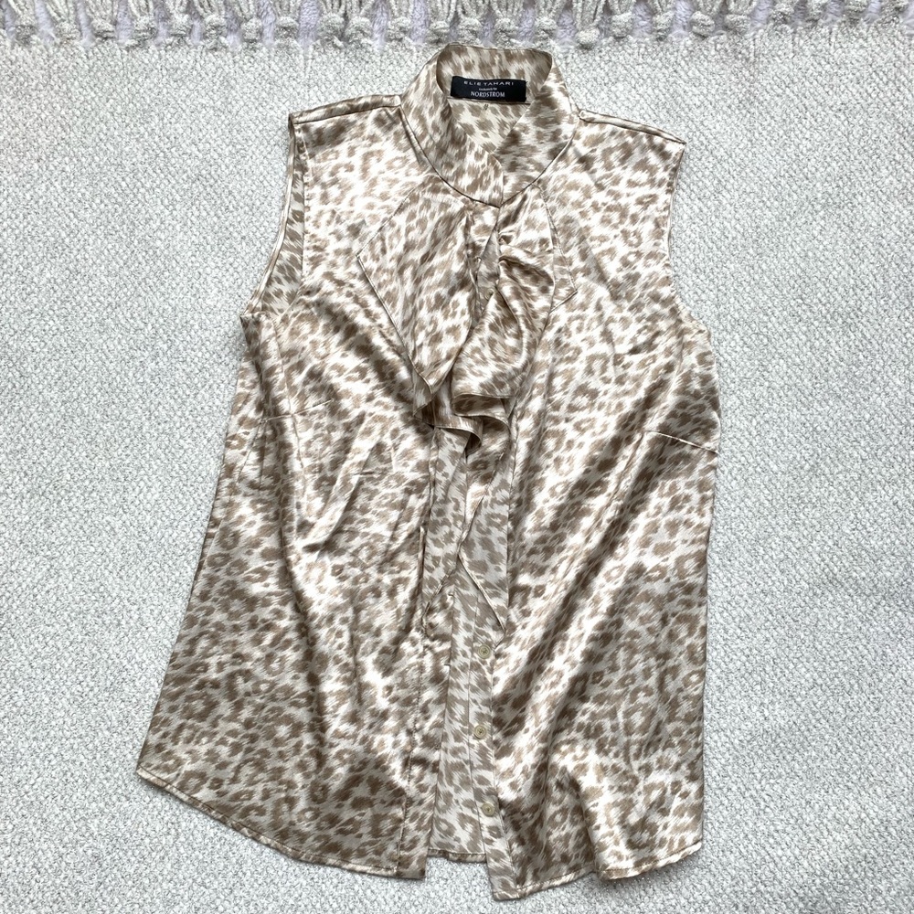 Elie Tahari Beige Animal Print Sleeveless Ruffle Blouse